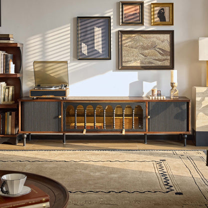 Gael Vintage TV Stand with Glass Display Cabinet, Mid-Century Walnut Media Console