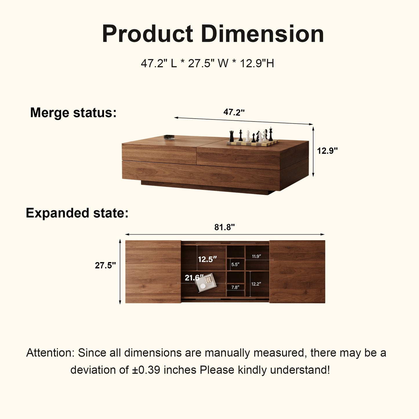Mid-Century Expandable Coffee Table with Storage for Living Rooms