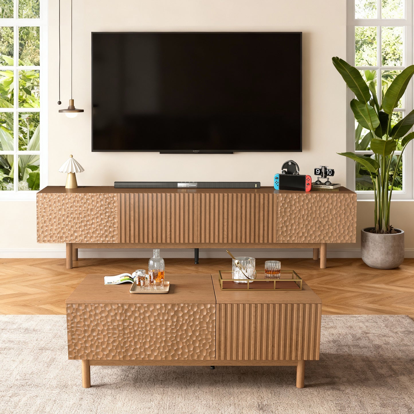 TV Stand GPJTV0724 Mid-Century Modern Adjustable Shelves Cable Management 86.6"