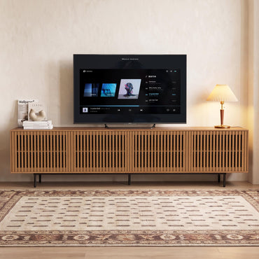 Mid-Century Modern Walnut Finish TV Stand | Slatted Entertainment Center with Storage
