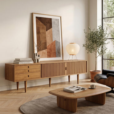 Mid-Century Modern Walnut Finish TV Stand | Fluted Entertainment Console with Drawers & Storage