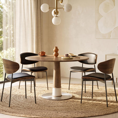 Modern Round Walnut Dining Table 47.2" with Metal Pedestal Base