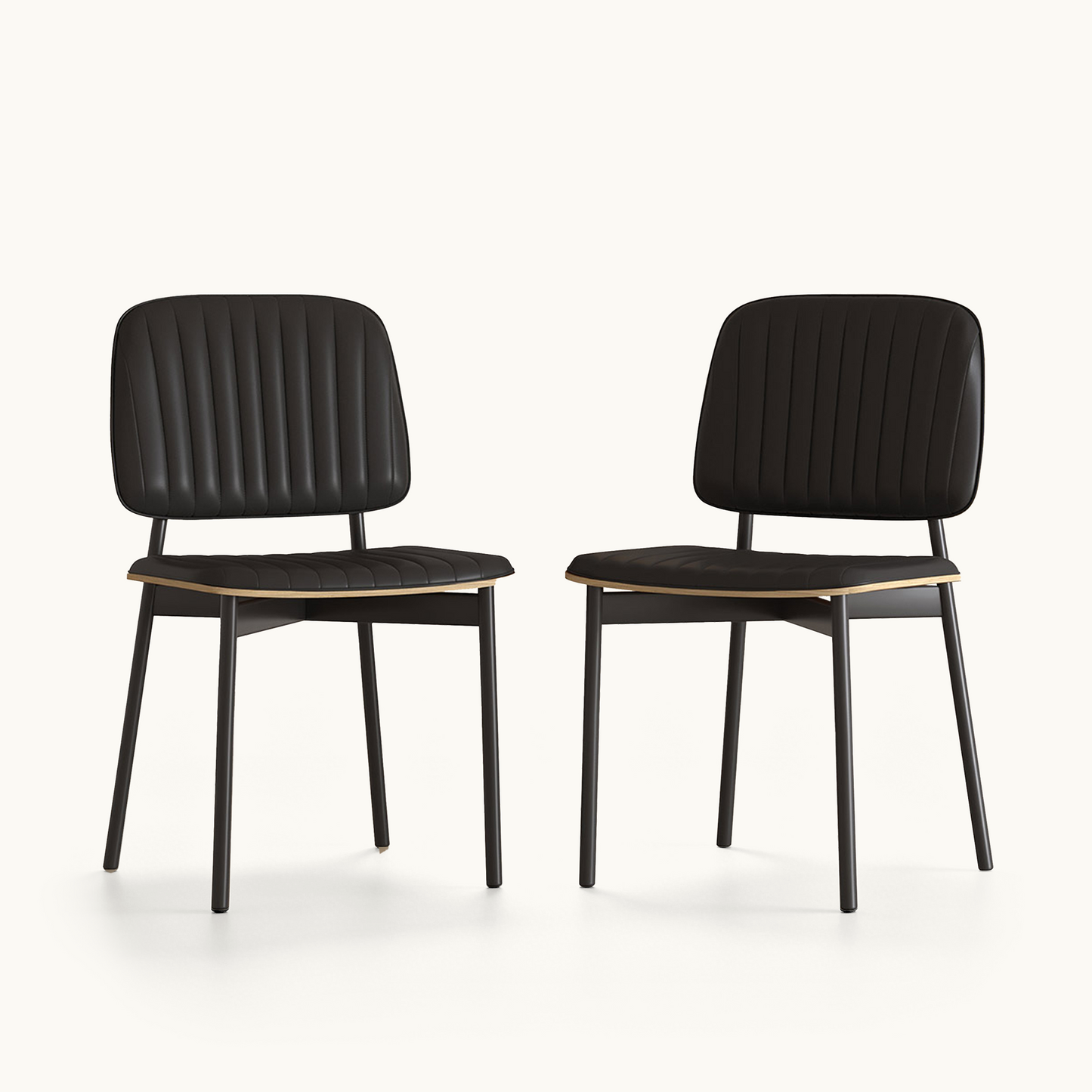 Modern Black PU Leather Dining Chairs Set of 2 with Metal Legs & Channel Tufting