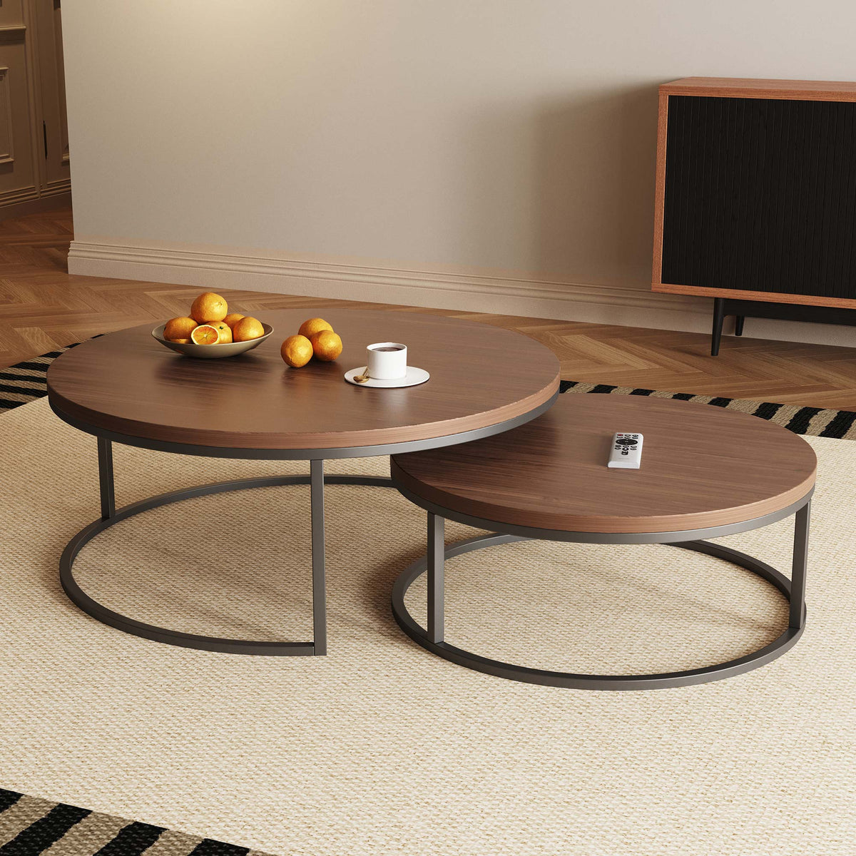 Round Nesting Coffee Tables  55.2" Set of 2 Two-Tone Finish （Warm Walnut）