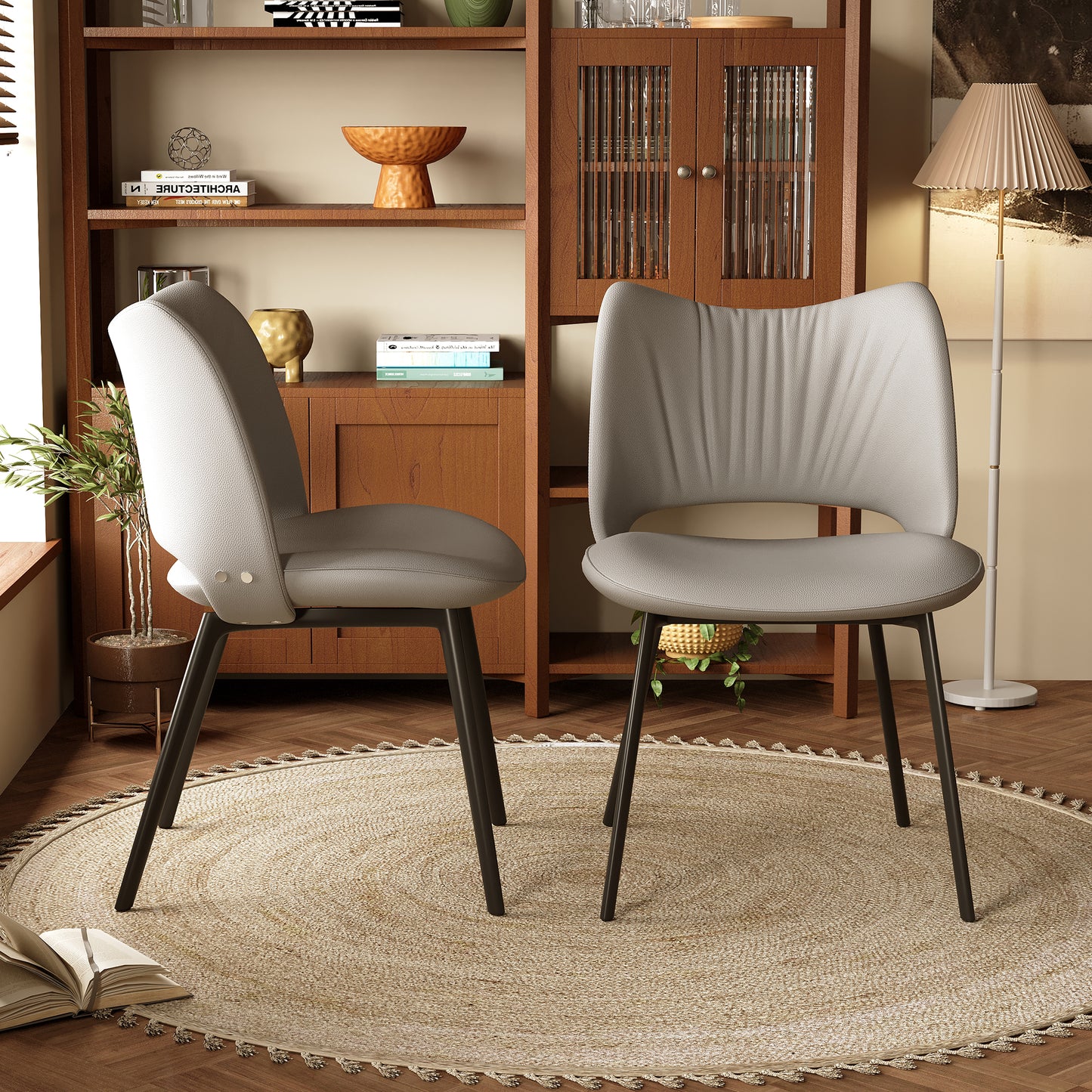 PlushComfort 2-Piece Accent Chair Set - Modern Faux Leather Patio & Dining Chairs with Black Metal Legs, 19.6"Wx31.8"H, Grey