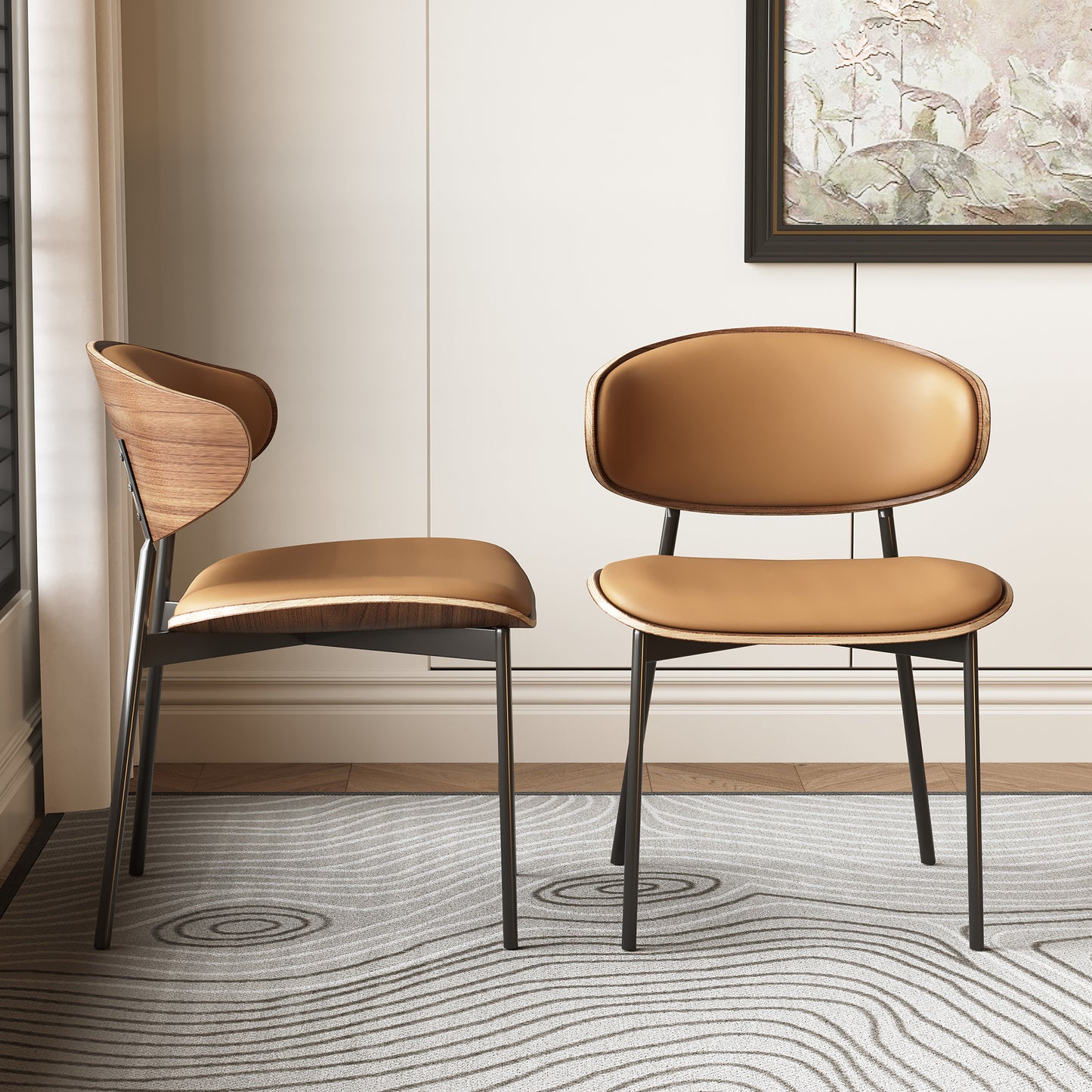 Dining Chair Mid-Century Modern Walnut Wood Upholstered Seat (Set of 2)