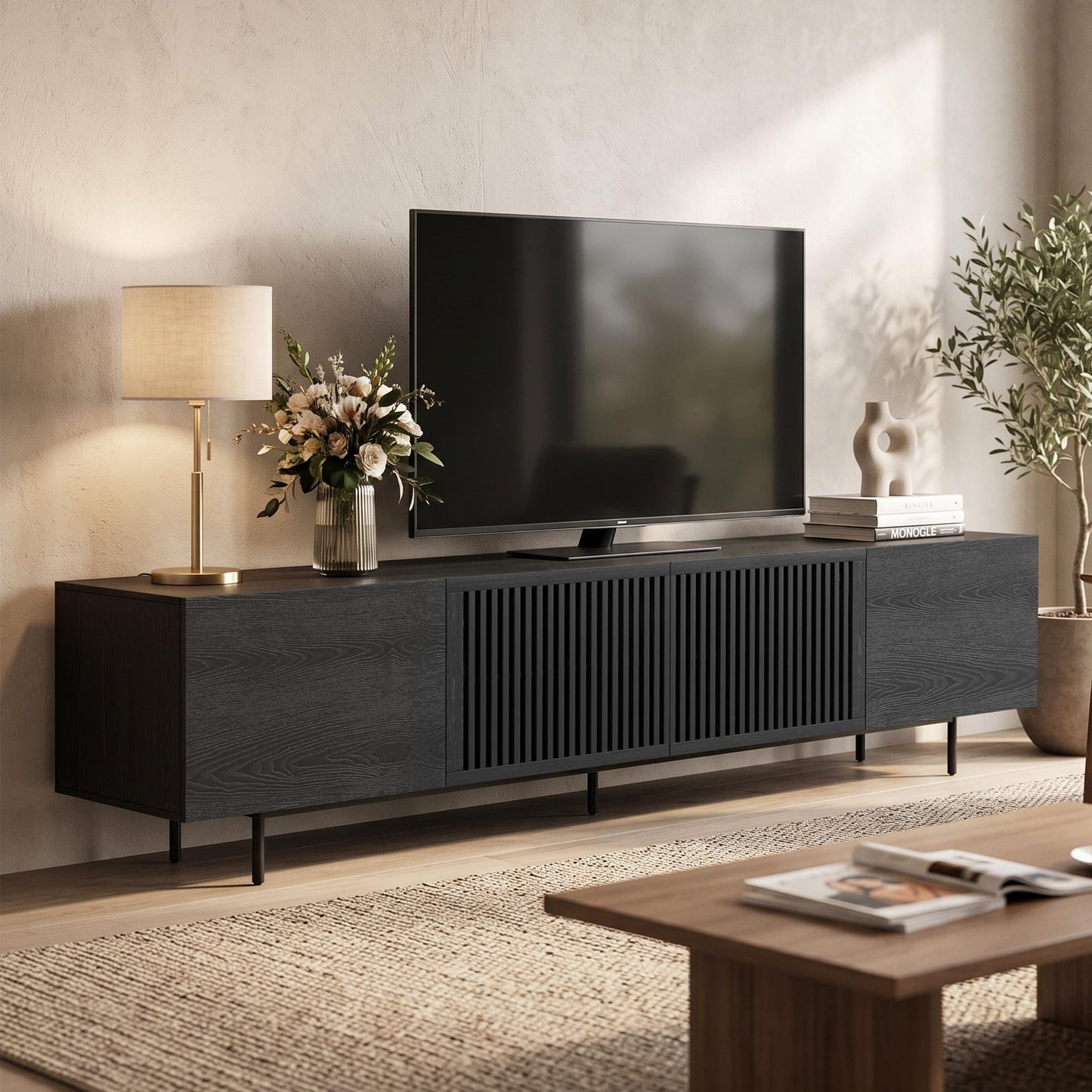 Mid-Century TV Stand with Hidden Storage for 32-100” TVs