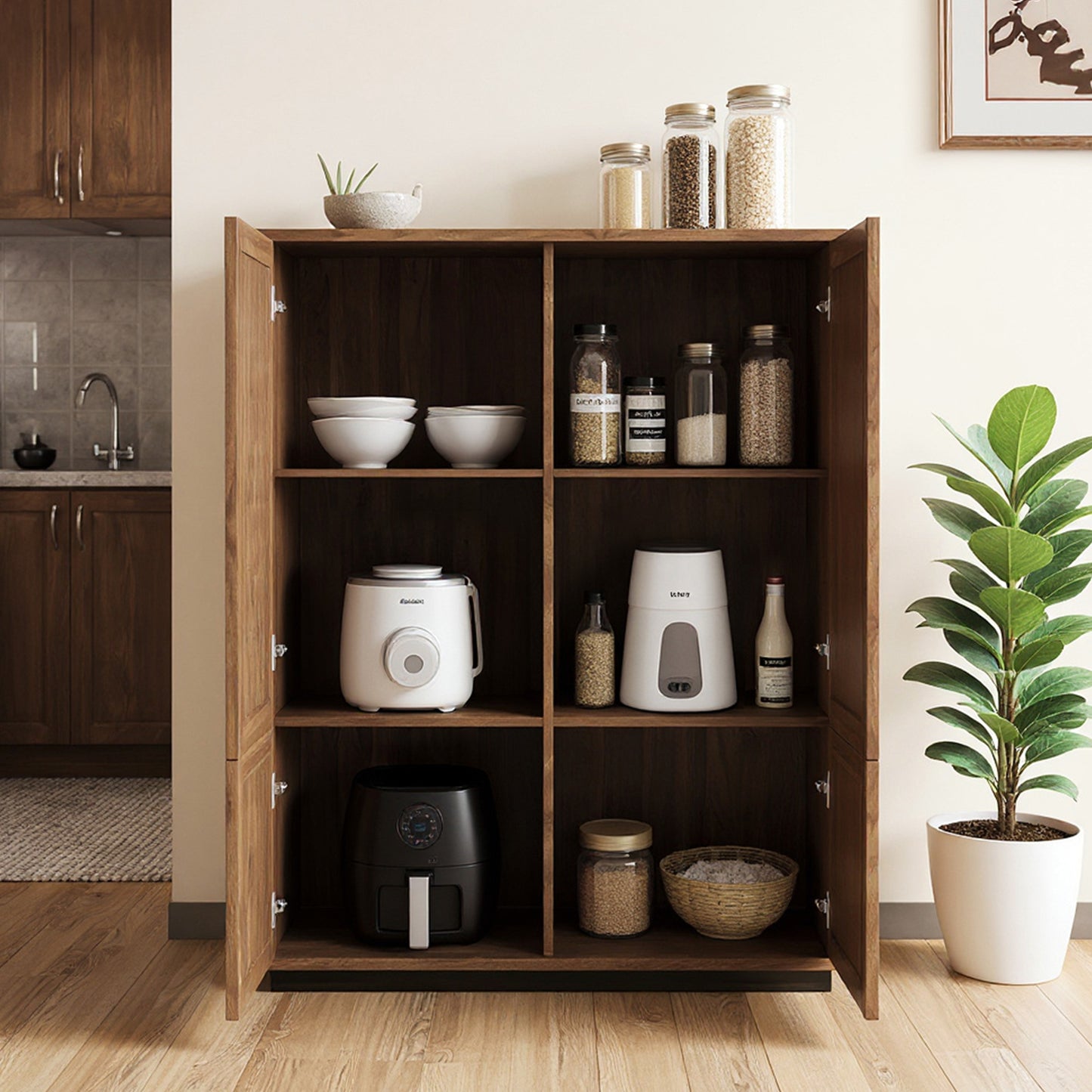 Cabinet CWG599C3 Mid-Century Modern Wooden Slatted Door 4-Door