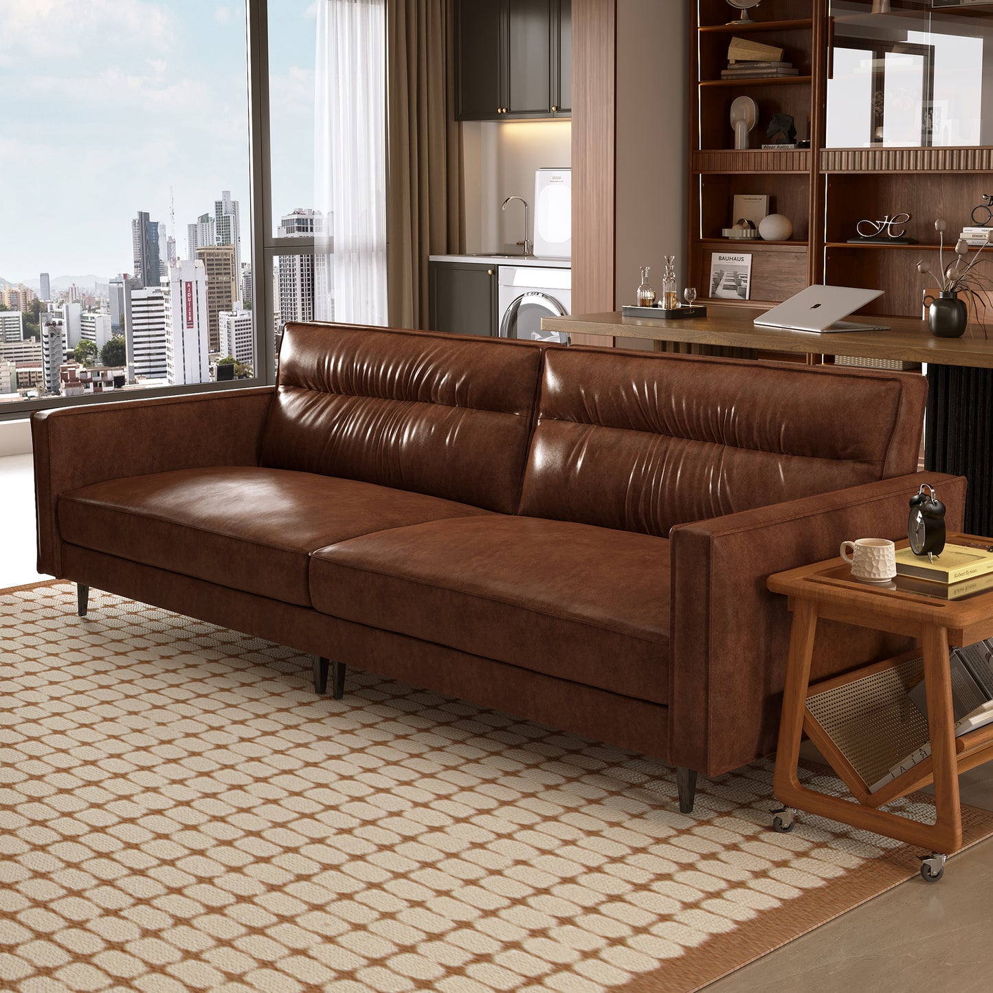 Mid-Century 3-Seater Leather Sofa with Removable Backrest and Cushions, Vintage Modern Lounge Couch for Office, Apartment, Living Room, Bedroom, with Sturdy Metal Legs - 86.61 Inches, Brown