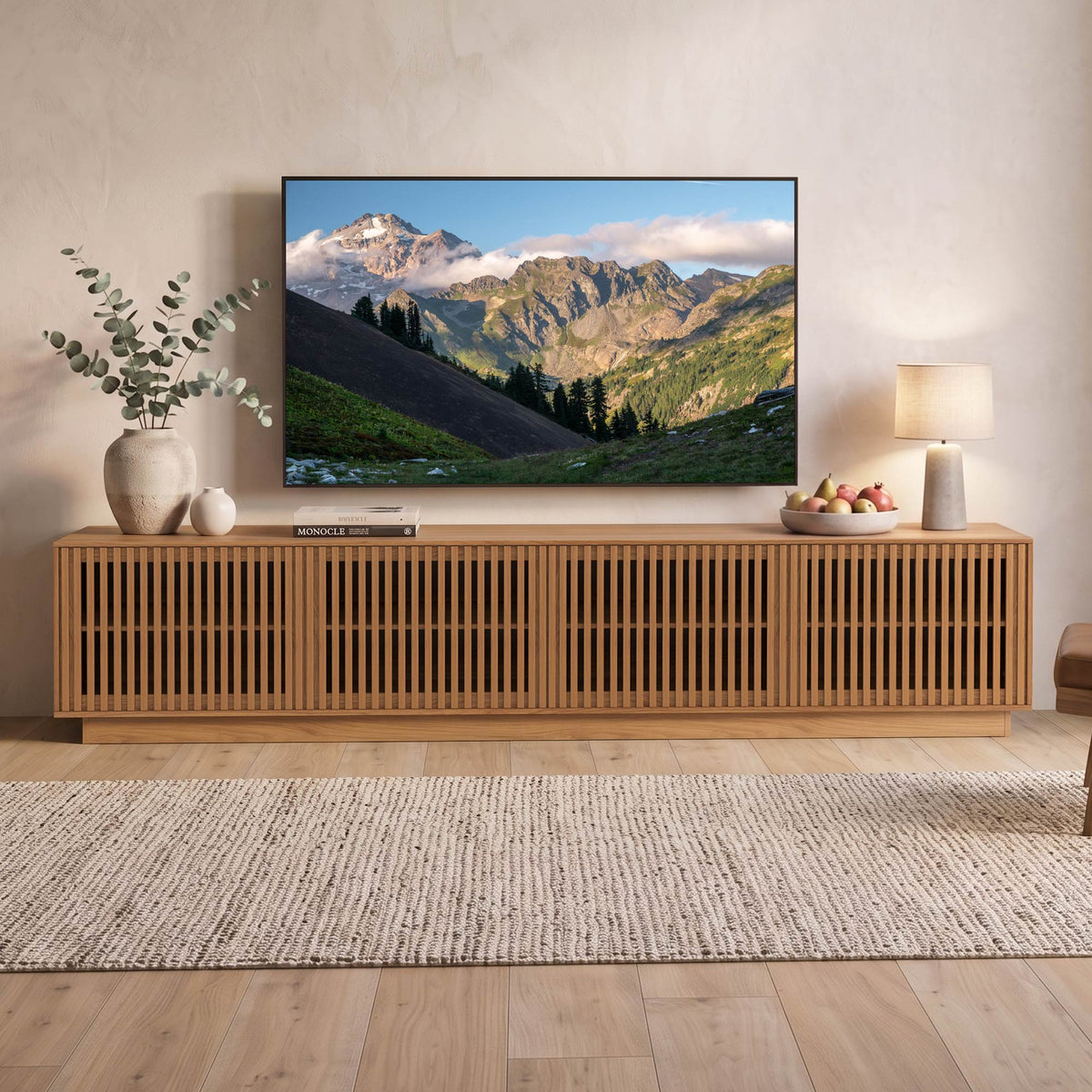 Mid-Century Modern Walnut Finish TV Stand | Open Slatted Louvered Entertainment Center with Storage