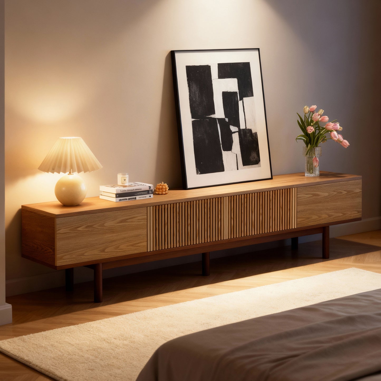 TV Stand FDDSG2200 Mid-Century Modern Cable Management 4-Door 86.6"