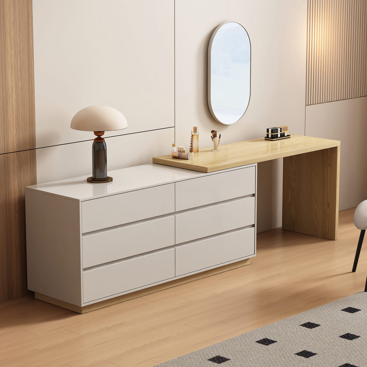Modern Swivel Desk 98.5" with Extendable Tabletop & 6-Drawer Storage