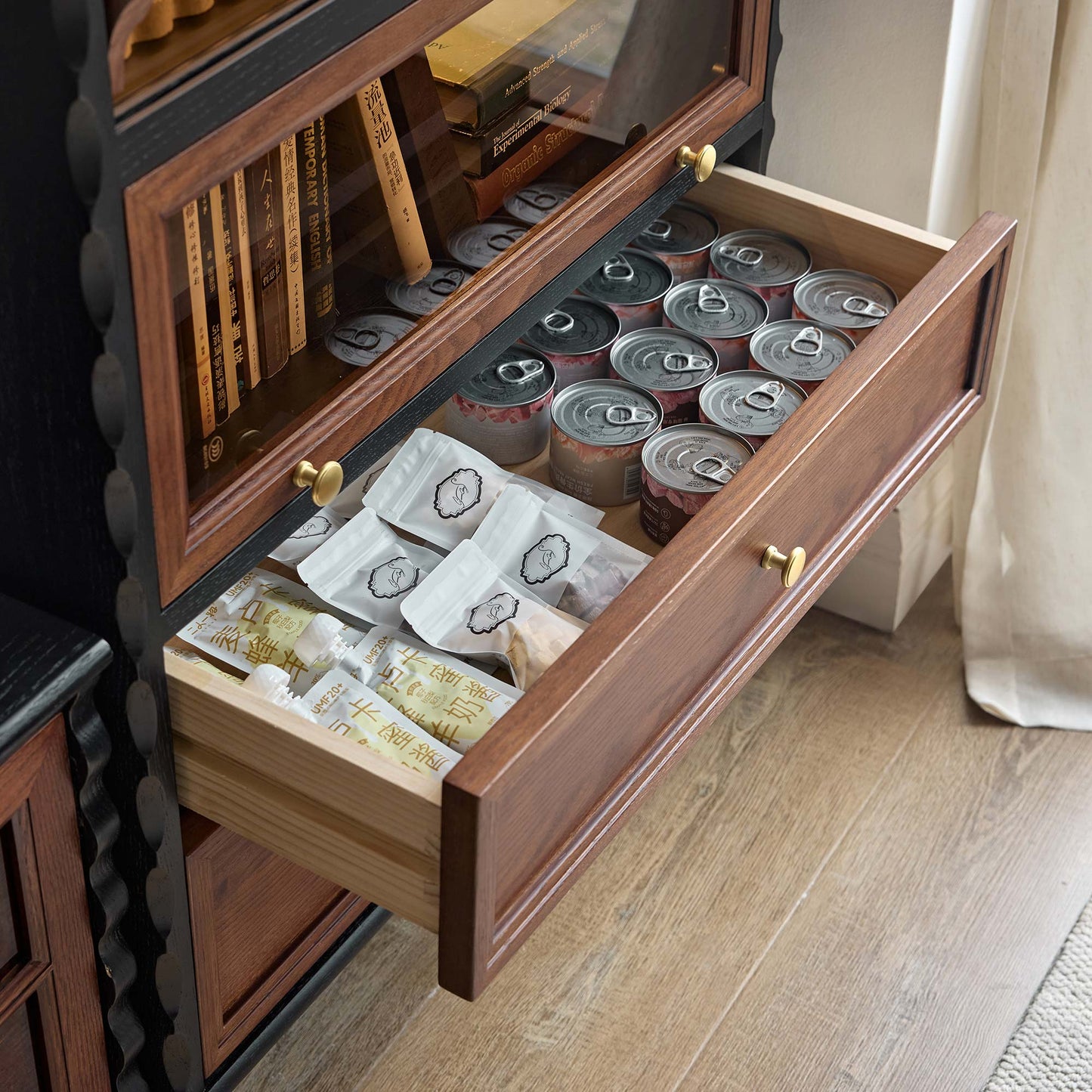 Gael Vintage Glass Display Cabinet with Drawers, Mid-Century Walnut Storage Cabinet