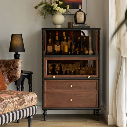 Gael Vintage Glass Display Cabinet with Drawers, Mid-Century Walnut Storage Cabinet