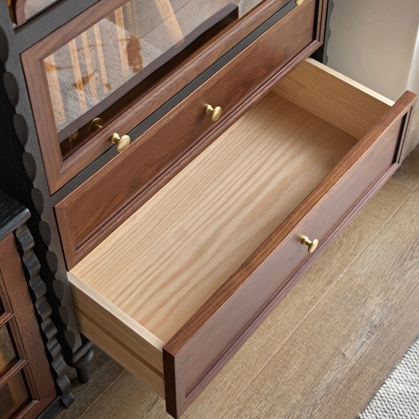 Gael Vintage Glass Display Cabinet with Drawers, Mid-Century Walnut Storage Cabinet