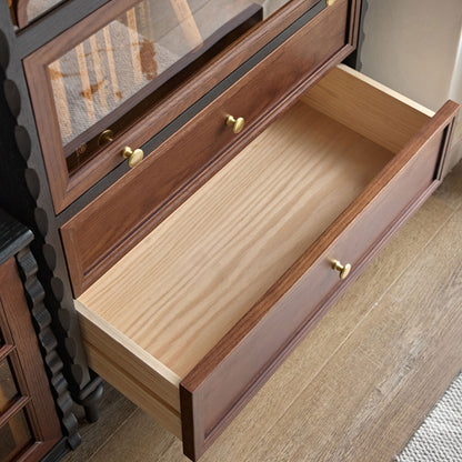 Gael Vintage Glass Display Cabinet with Drawers, Mid-Century Walnut Storage Cabinet
