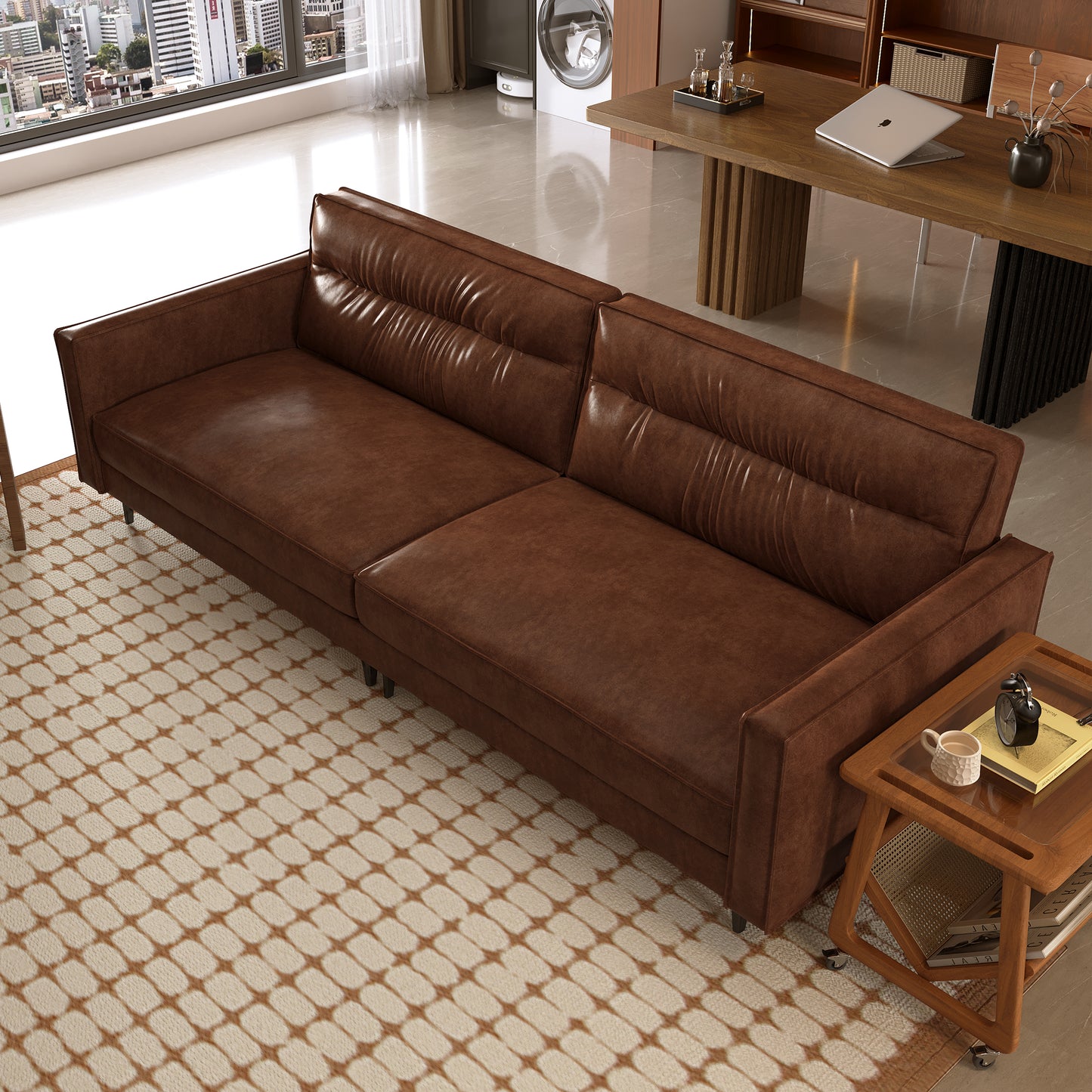 Mid-Century 3-Seater Leather Sofa with Removable Backrest and Cushions, Vintage Modern Lounge Couch for Office, Apartment, Living Room, Bedroom, with Sturdy Metal Legs - 86.61 Inches, Brown