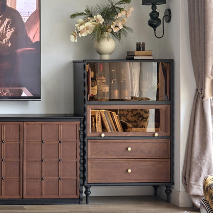 Gael Vintage Glass Display Cabinet with Drawers, Mid-Century Walnut Storage Cabinet