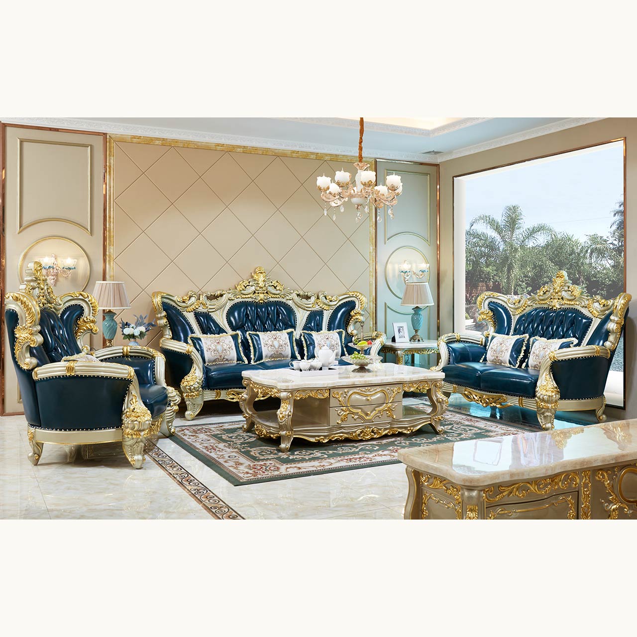 Imperial Sapphire Luxury Sofa Set – European Baroque Tufted Living Room Collection