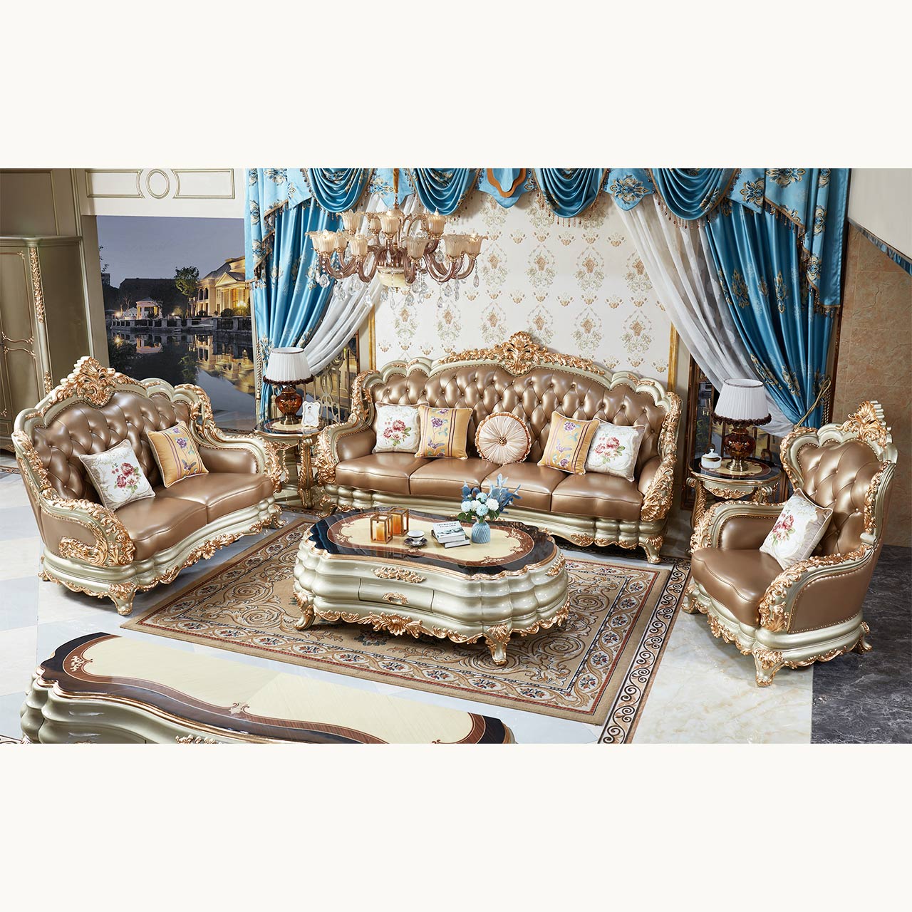 Versailles Imperial Luxury Tufted Leather Sofa Set | Hand-Carved European Classic Sofa Collection