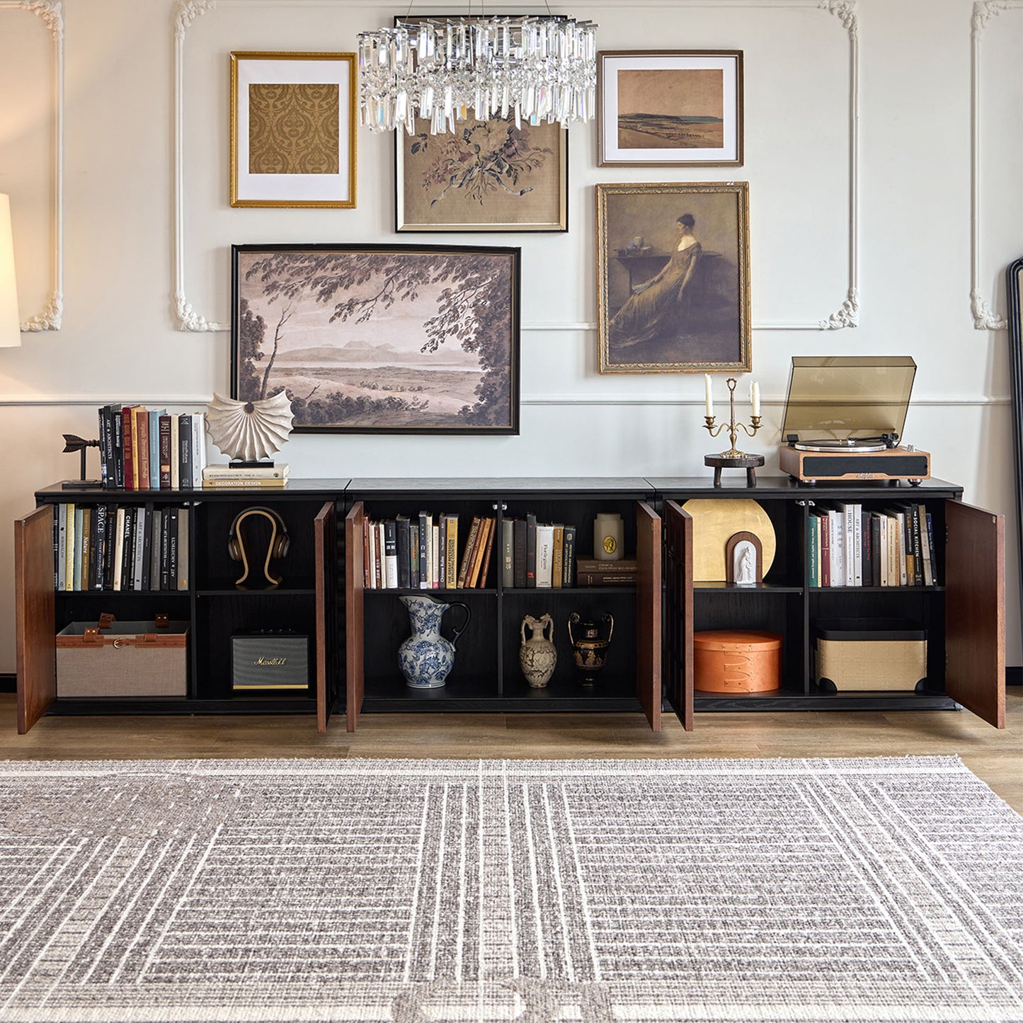 Gael Vintage Wall Storage Cabinet with Sliding Doors, Mid-Century Walnut Wall Cabinet