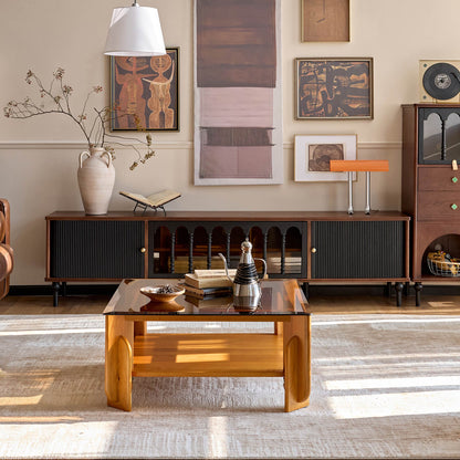 Gael Vintage TV Stand with Glass Display Cabinet, Mid-Century Walnut Media Console