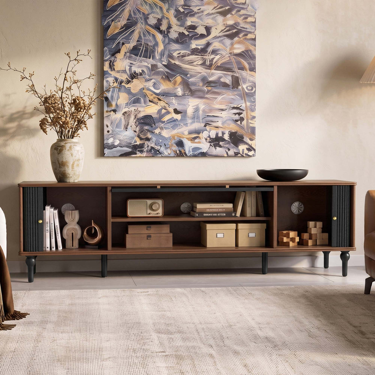 Gael Vintage TV Stand with Glass Display Cabinet, Mid-Century Walnut Media Console