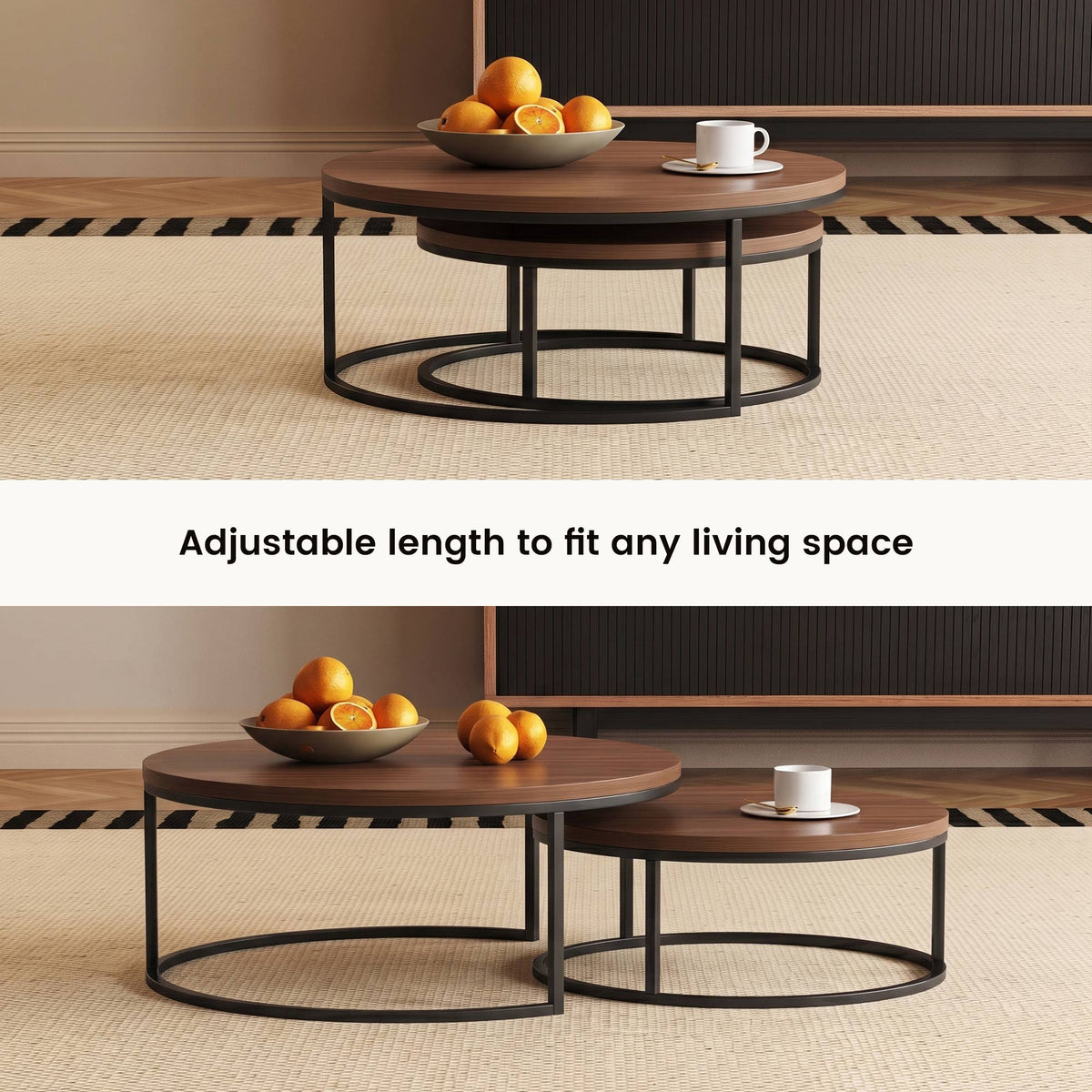 Round Nesting Coffee Tables  55.2" Set of 2 Two-Tone Finish （Warm Walnut）