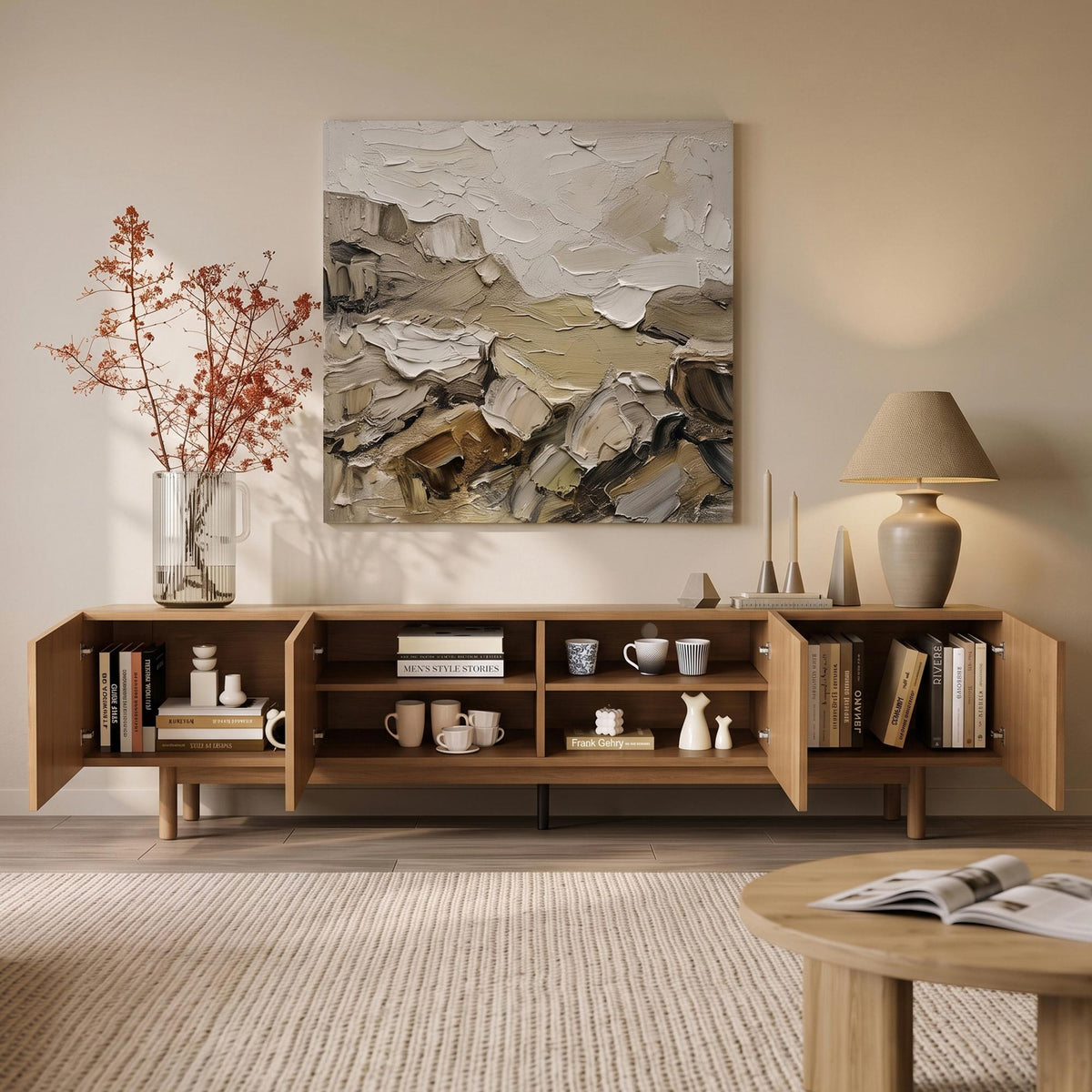 Mid-Century Modern Walnut Finish TV Stand | Fluted Storage Entertainment Center