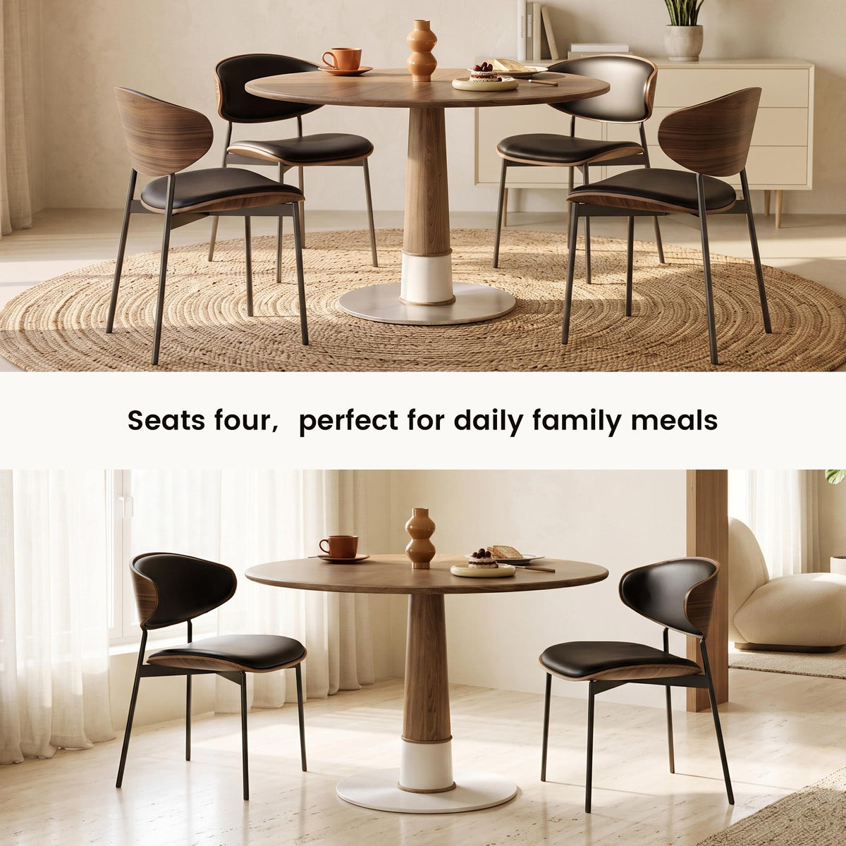 Modern Round Walnut Dining Table 47.2" with Metal Pedestal Base