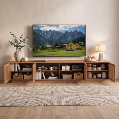 Mid-Century Modern Walnut Finish TV Stand | Open Slatted Louvered Entertainment Center with Storage