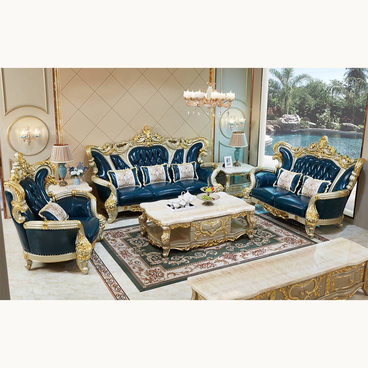 Imperial Sapphire Luxury Sofa Set – European Baroque Tufted Living Room Collection