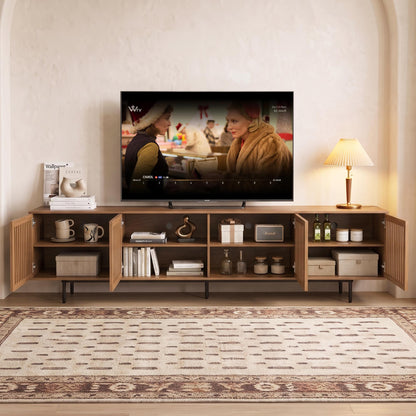 Mid-Century Modern Walnut Finish TV Stand | Slatted Entertainment Center with Storage