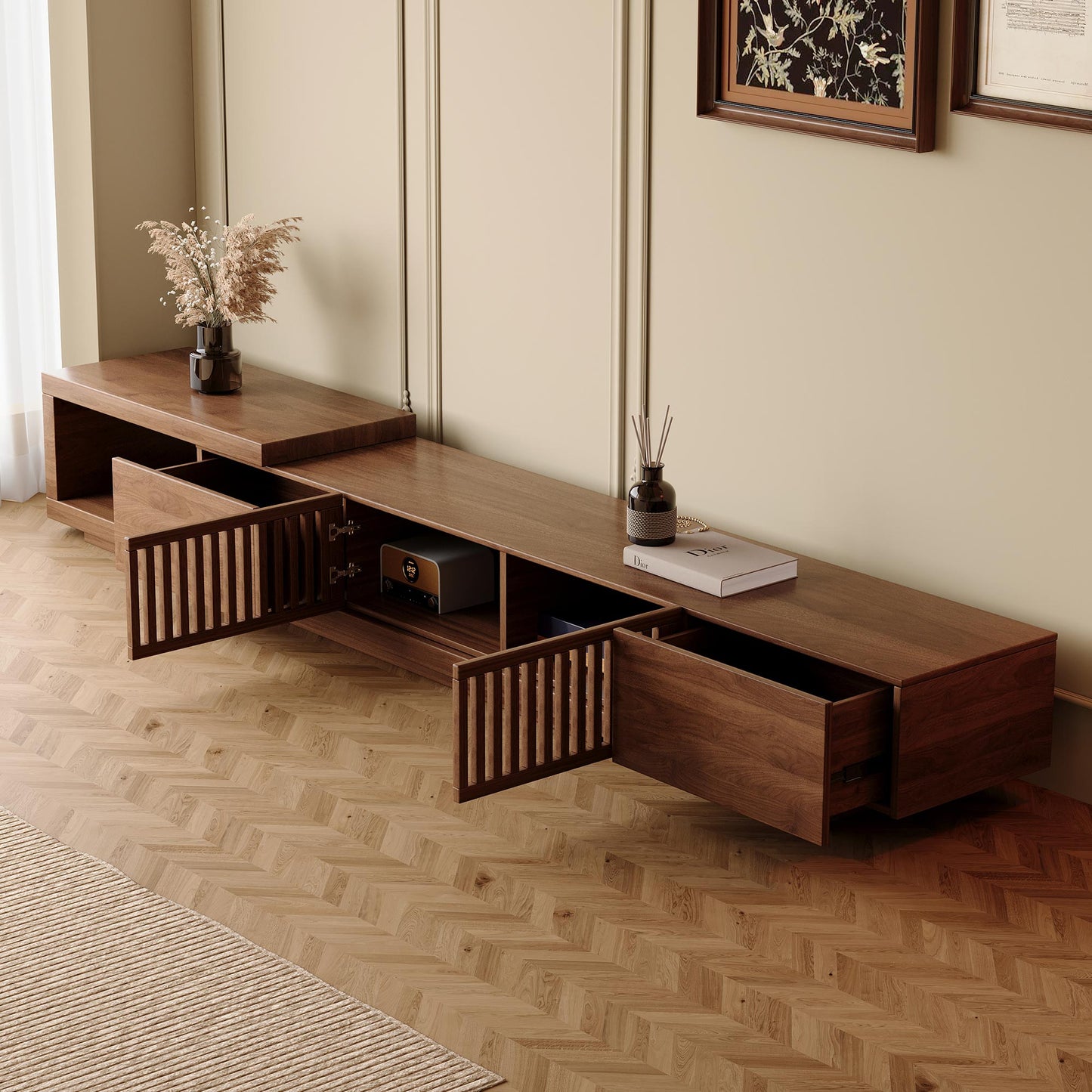Mid-Century Modern Extendable TV Stand 78"-103" with Sliding Slatted Doors