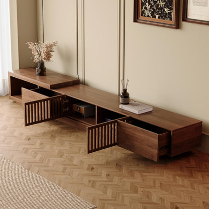 Mid-Century Modern Extendable TV Stand 78"-103" with Sliding Slatted Doors