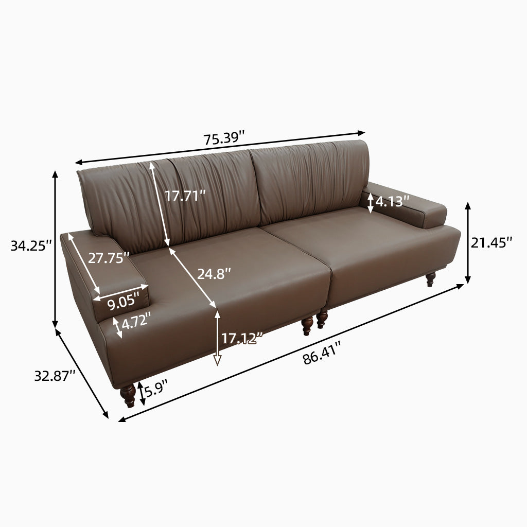 Mid-Century Modern Brown Leather Upholstered Sofa, 3 Seat Couch for Living Room