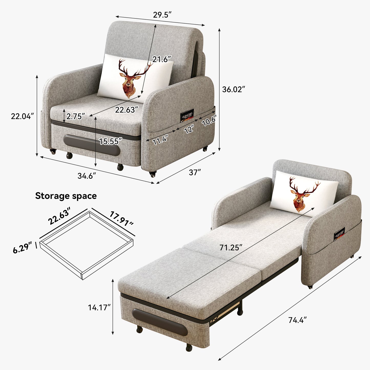 Folding sofa bed suitable for small spaces - gray/white single Japanese-style sofa bed with folding bed function, ideal for RV and studio apartments