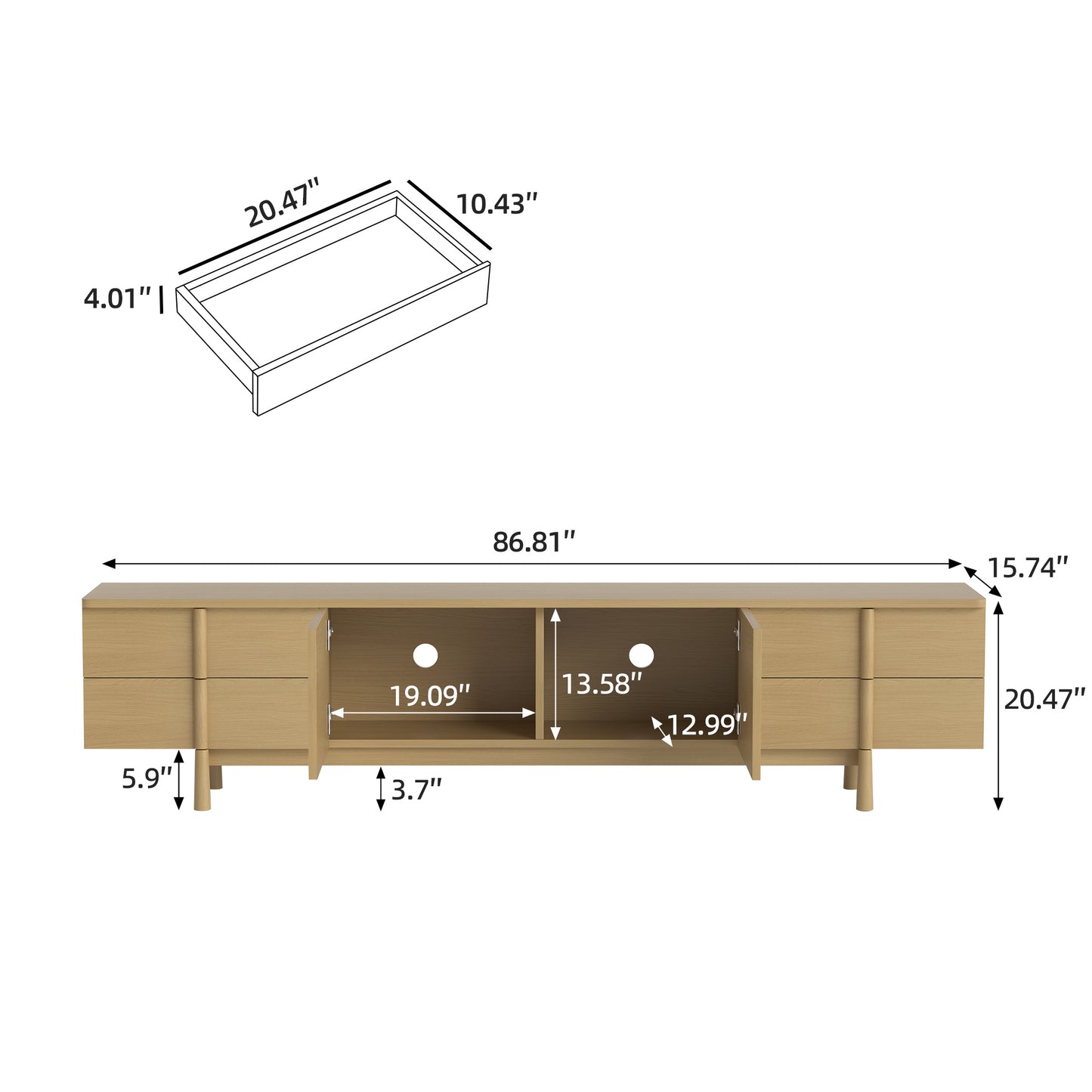 86.81" Wooden TV Cabinet with Storage and Cable Management