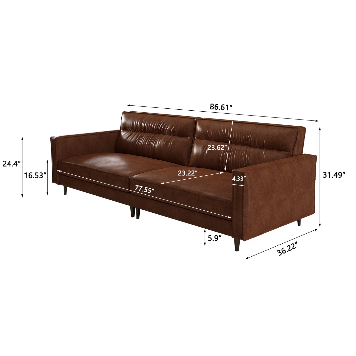 Mid-Century 3-Seater Leather Sofa with Removable Backrest and Cushions, Vintage Modern Lounge Couch for Office, Apartment, Living Room, Bedroom, with Sturdy Metal Legs - 86.61 Inches, Brown