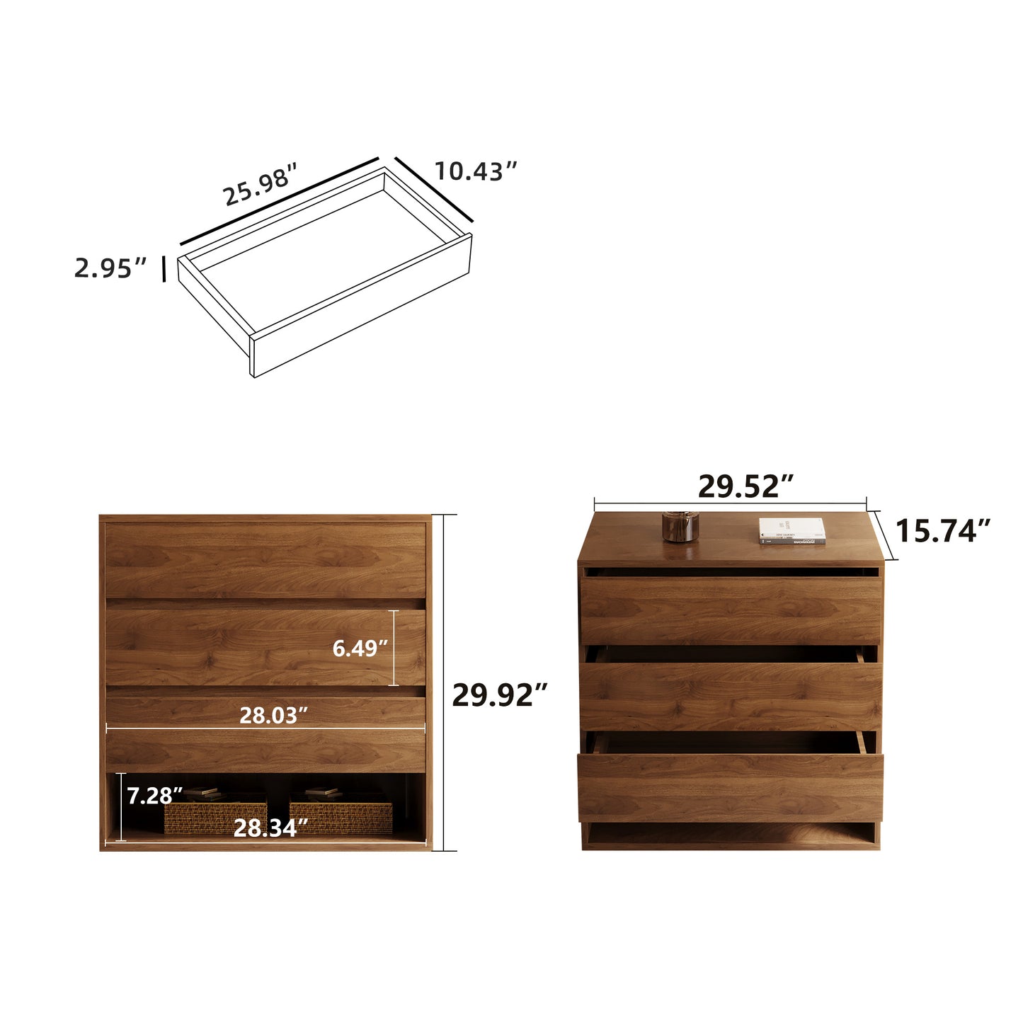 Cabinet CWG599B2 Mid-Century Modern with 3 Drawers Easy-Access Storage 29.52"