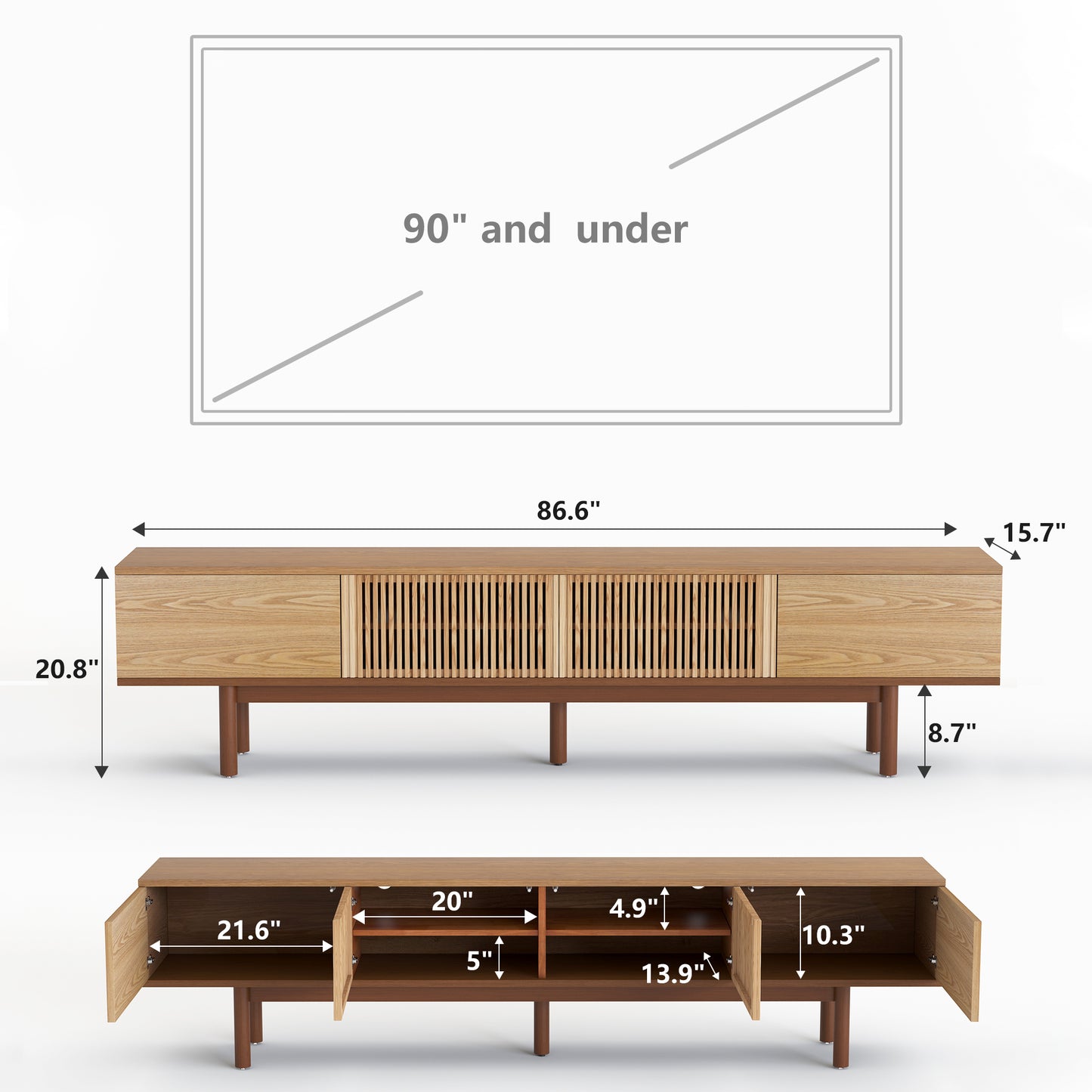 TV Stand FDDSG2200 Mid-Century Modern Cable Management 4-Door 86.6"