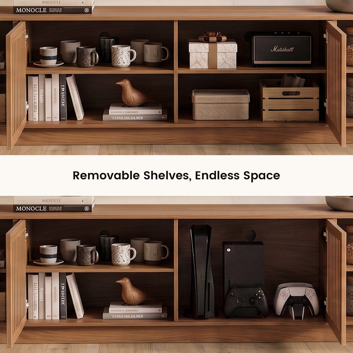 Mid-Century Modern Walnut Finish TV Stand | Open Slatted Louvered Entertainment Center with Storage