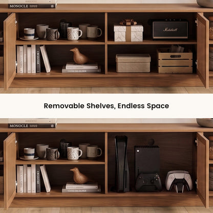 Mid-Century Modern Walnut Finish TV Stand | Open Slatted Louvered Entertainment Center with Storage