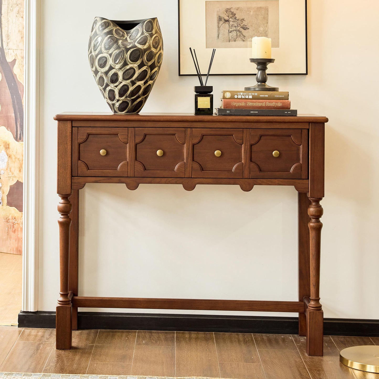 Aurelia Vintage Console Table with Drawers, French Mid-Century Entryway Table
