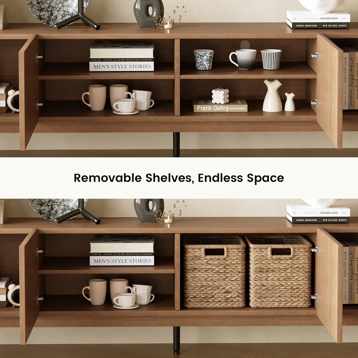 Mid-Century Modern Walnut Finish TV Stand | Fluted Storage Entertainment Center
