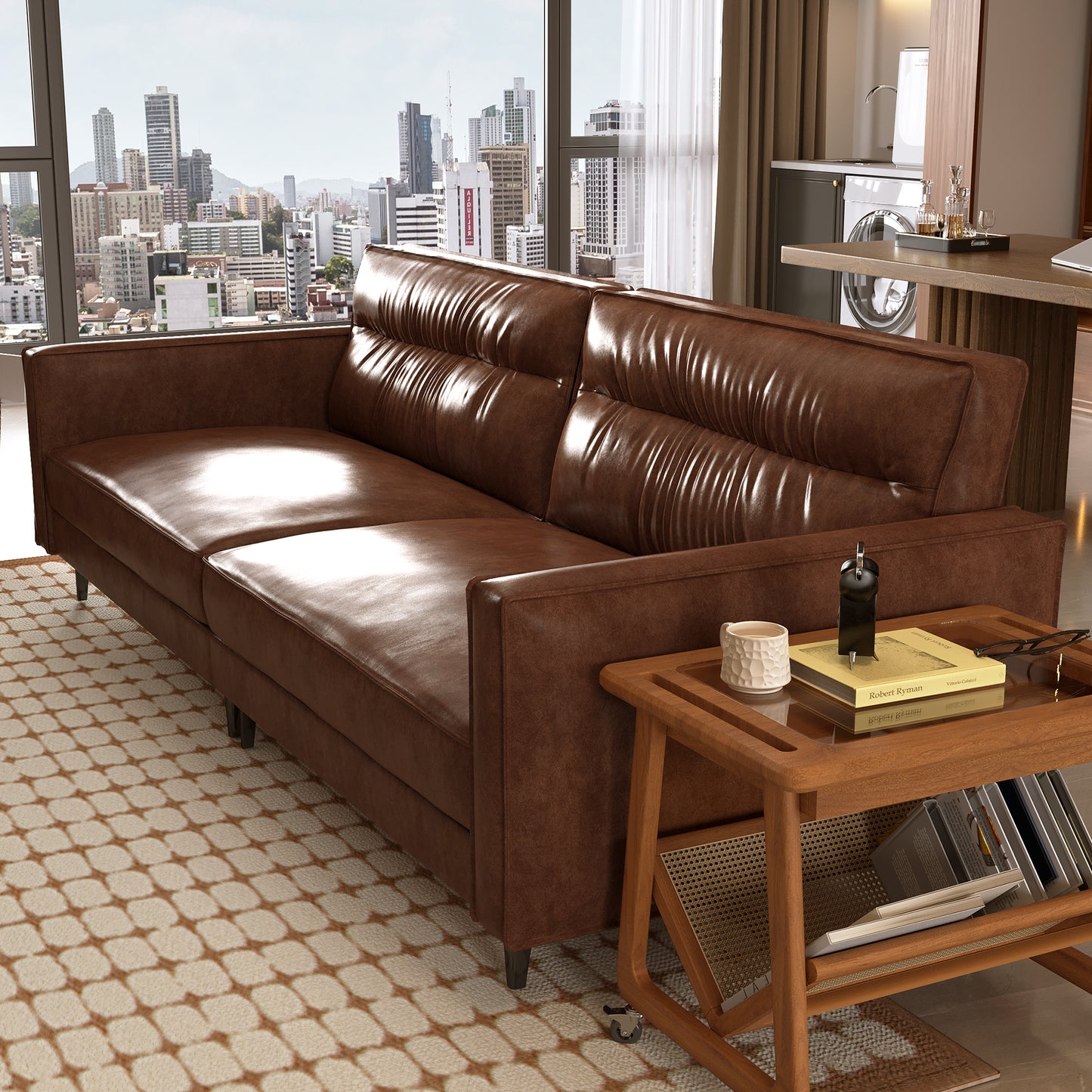 Mid-Century 3-Seater Leather Sofa with Removable Backrest and Cushions, Vintage Modern Lounge Couch for Office, Apartment, Living Room, Bedroom, with Sturdy Metal Legs - 86.61 Inches, Brown