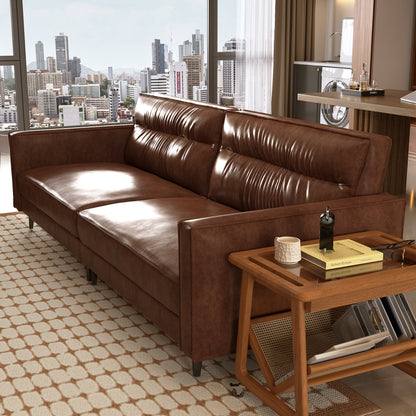 Mid-Century 3-Seater Leather Sofa with Removable Backrest and Cushions, Vintage Modern Lounge Couch for Office, Apartment, Living Room, Bedroom, with Sturdy Metal Legs - 86.61 Inches, Brown
