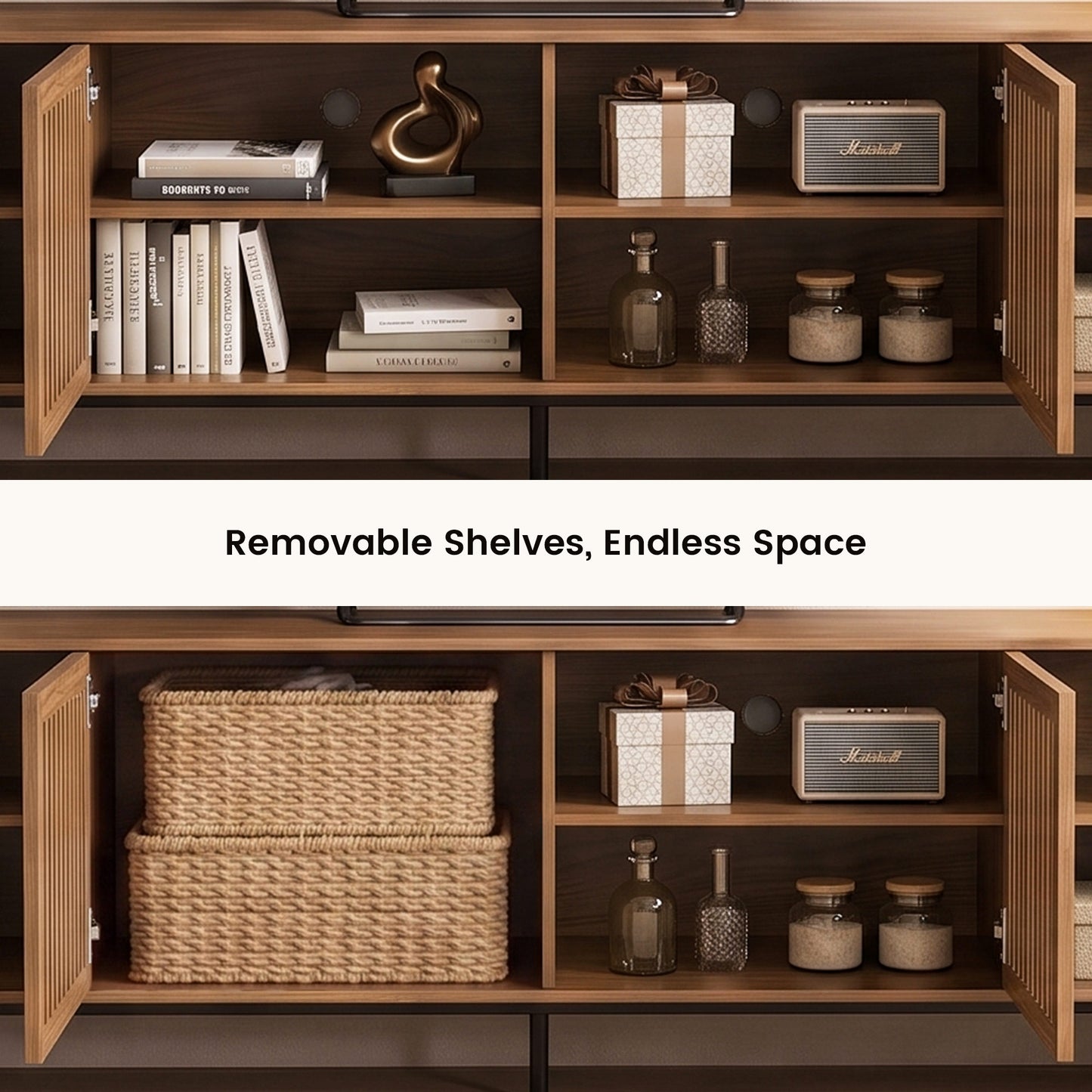Mid-Century Modern Walnut Finish TV Stand | Slatted Entertainment Center with Storage