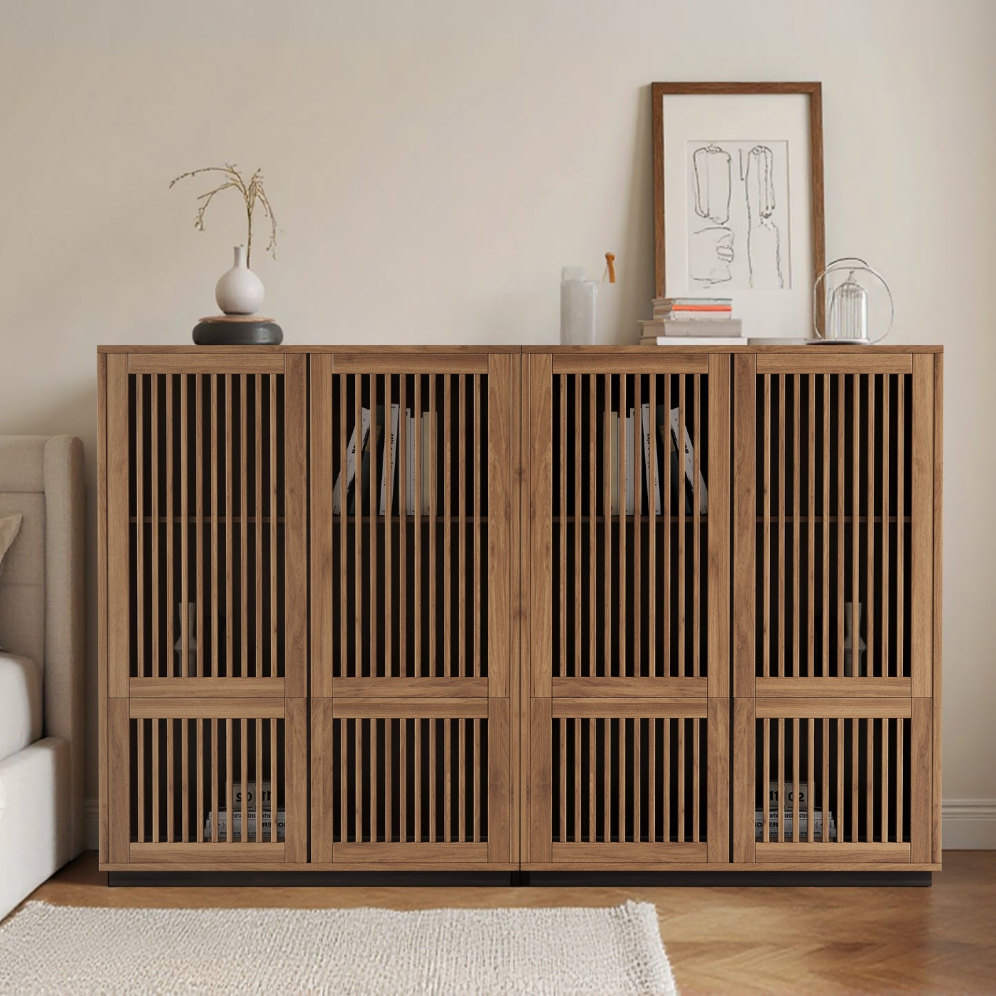 Cabinet CWG599C3 Mid-Century Modern Wooden Slatted Door 4-Door
