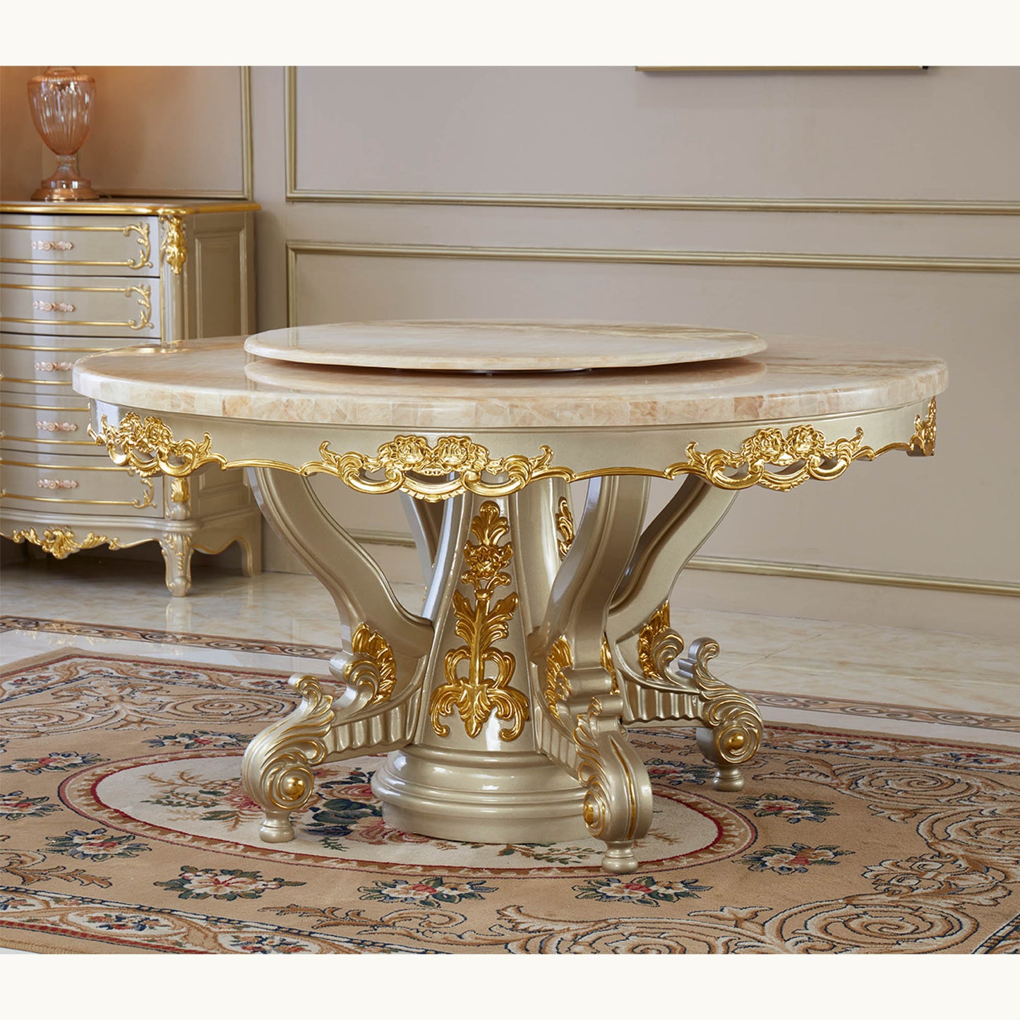 Royale Opulence Round Dining Table with Lazy Susan – French Palace Dining Collection